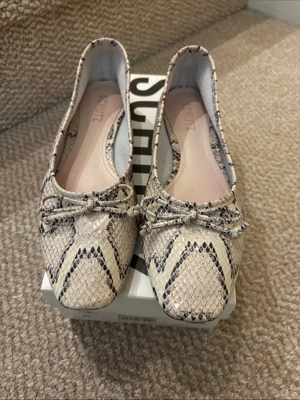 SCHUTZ Snake-Print Cream and Black Bow Ballet Flats Arissa